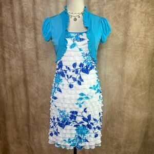 Y2K Ruffled Midi Dress Layered Cardigan Floral Blue White Short Sleeve Boho